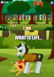 Size: 904x1289 | Tagged: safe, derpibooru import, screencap, chancellor neighsay, pony, unicorn, apple, disappointed, fail, failure, food, game, game screencap, gameloft, image macro, male, meme, sad, stallion, sweet apple acres, text, what is life, woobie