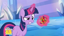 Size: 2048x1151 | Tagged: safe, derpibooru import, screencap, twilight sparkle, unicorn twilight, pony, unicorn, 1983, angry, animation error, crystal palace, female, frustrated, glowing horn, magic, mare, official, rubik's cube, solo, somehow a unicorn again, telekinesis, youtube link