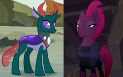 Size: 1019x637 | Tagged: safe, derpibooru import, edit, edited screencap, screencap, pharynx, tempest shadow, changedling, changeling, my little pony: the movie, to change a changeling, armor, broken horn, crack shipping, eye scar, female, mare, prince pharynx, scar, shipping, shipping domino, smiling, tempynx