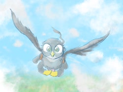 Size: 1024x767 | Tagged: safe, artist:noupu, derpibooru import, gabby, griffon, cloud, female, flying, it's coming right at us, looking at you, mailbag, solo
