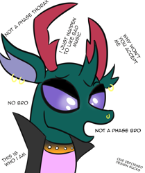 Size: 1105x1323 | Tagged: safe, artist:artiks, derpibooru import, pharynx, changedling, changeling, 30 minute art challenge, bust, choker, dialogue, emo, it's a phase, it's not a phase, prince pharynx, simple background, solo, spiked choker, white background