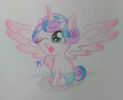 Size: 3120x2533 | Tagged: safe, artist:prinrue, derpibooru import, princess flurry heart, alicorn, baby, cute, diaper, flurrybetes, one eye closed, solo, traditional art, wink