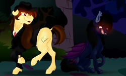 Size: 5000x3000 | Tagged: safe, artist:euspuche, derpibooru import, oc, oc:neo, oc:torus hooves, bat pony, earth pony, pony, wolf pony, angry, forest, looking at each other, night, smiling