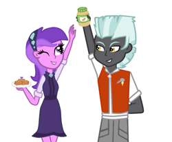 Size: 743x614 | Tagged: safe, artist:purpleloverpony, amethyst star, sparkler, thunderlane, equestria girls, amethystlane, cookie, equestria girls-ified, flirting, food, male, peanut butter, shipping, straight, teasing, that pony sure loves peanut butter