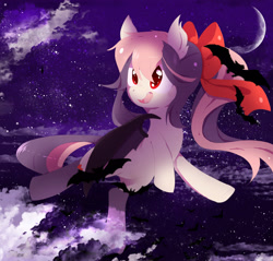 Size: 6500x6224 | Tagged: safe, artist:sorasku, oc, oc only, oc:sweet velvet, bat, bat pony, pony, absurd resolution, bow, clothes, cloud, female, hair bow, mare, moon, night, socks, solo, stars