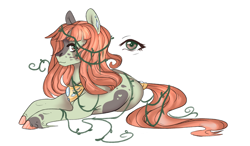 Size: 2000x1168 | Tagged: safe, artist:marsimmortal, derpibooru import, oc, oc:atsuko, earth pony, pony, adoptable, brown eyes, green coat, hime cut, jewelry, necklace, redhead, tail wrap, unshorn fetlocks, vine