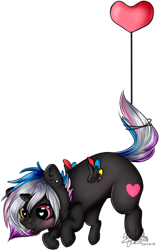 Size: 324x509 | Tagged: safe, artist:ohflaming-rainbow, derpibooru import, oc, oc:flaming rainbow, alicorn, pony, balloon, chibi, colored wings, female, filly, multicolored wings, simple background, solo, transparent background
