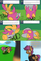 Size: 2560x3840 | Tagged: safe, artist:jake heritagu, scootaloo, pony, comic:ask motherly scootaloo, ask, blood, comic, factory scootaloo, hairpin, motherly scootaloo, scootaloo can't fly, sweatshirt