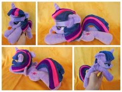 Size: 1024x768 | Tagged: safe, artist:equinepalette, twilight sparkle, twilight sparkle (alicorn), alicorn, pony, beanie (plushie), hand, irl, lidded eyes, photo, plushie, prone, solo, tongue out