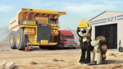 Size: 3000x1686 | Tagged: safe, artist:sa1ntmax, derpibooru import, oc, oc only, earth pony, pegasus, pony, clothes, commission, dump truck, helmet, hoodie, komatsu, mack, mack truck, male, smiling, solo focus, sunglasses, truck, vehicle