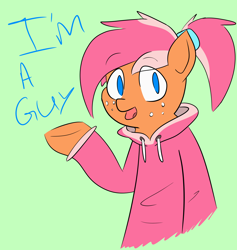 Size: 1800x1900 | Tagged: safe, artist:cherryceriseart, oc, oc only, oc:peachy, earth pony, pony, androgynous, bipedal, clothes, femboy, freckles, male, ponytail, simple background, solo, stallion