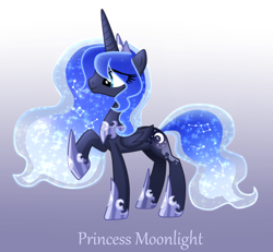 Size: 1024x945 | Tagged: safe, artist:sugaryicecreammlp, derpibooru import, oc, oc:moonlight, alicorn, pony, alicorn oc, constellation, ethereal mane, female, galaxy mane, gradient background, hoof shoes, mare, not luna, offspring, parent:princess luna, raised hoof, solo