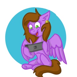 Size: 1200x1200 | Tagged: artist needed, safe, derpibooru import, oc, oc only, oc:lilac sciath, pegasus, pony, abstract background, cute, doodle, ear piercing, earring, female, happy, jewelry, mare, nintendo, nintendo switch, piercing, playing, smiling, solo, tongue out, video game