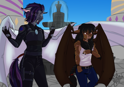 Size: 2480x1748 | Tagged: safe, artist:theecchiqueen, derpibooru import, oc, oc only, oc:octavus, oc:orpheus, anthro, bat pony, anthro oc, bat pony oc, clothes, fangs, male, mantipony, mantipony oc, night guard, stallion, story in the source