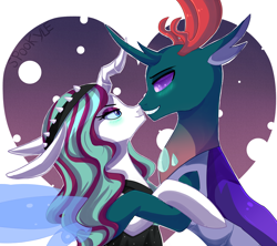 Size: 1600x1421 | Tagged: safe, artist:spookyle, derpibooru import, pharynx, oc, oc:dahlia, changedling, changeling, changepony, hybrid, boop, canon x oc, couple, female, heart, male, noseboop, prince pharynx, romance, shipping, straight