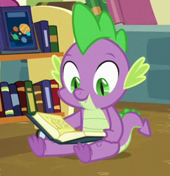 Size: 278x287 | Tagged: safe, derpibooru import, screencap, spike, dragon, a flurry of emotions, book, claws, cropped, cute, male, reading, smiling, spikabetes, tail