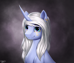 Size: 1600x1362 | Tagged: safe, artist:l1nkoln, oc, oc only, pony, unicorn, blaze (coat marking), coat markings, commission, curved horn, dark background, ear piercing, earring, female, jewelry, mare, piercing, smiling, solo, swirly markings