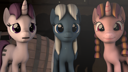 Size: 1920x1080 | Tagged: safe, artist:goatcanon, derpibooru import, night glider, sugar belle, comic:lyra's story, the cutie map, 3d, bacon braids, cute, equal cutie mark, equalized, equalized mane, glideabetes, source filmmaker, sugarbetes, trio