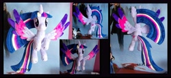 Size: 7576x3448 | Tagged: safe, artist:mlpt-fan, twilight sparkle, twilight sparkle (alicorn), alicorn, pony, flying, irl, photo, plushie, rainbow power, solo