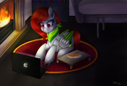 Size: 5000x3400 | Tagged: safe, artist:merienvip, oc, oc only, pegasus, pony, absurd resolution, colored wings, computer, dish, female, fireplace, food, high res, laptop computer, mare, multicolored wings, prone, solo