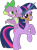 Size: 1500x2040 | Tagged: safe, artist:phucknuckl, derpibooru import, spike, twilight sparkle, dragon, pony, a dog and pony show, bridle, dragons riding ponies, female, rearing, riding, simple background, smiling, tack, transparent background, weapon