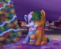 Size: 1025x819 | Tagged: safe, artist:stillwaterspony, minuette, oc, oc:five stars, breath, canon x oc, christmas tree, clothes, cuddling, eyes closed, female, hearth's warming, holding hooves, lesbian, night, scarf, shipping, snow, snuggling, tree, winter