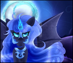 Size: 1024x881 | Tagged: safe, artist:clefficia, artist:cloud-drawings, nightmare moon, alicorn, bat pony, bat pony alicorn, pony, angry, bat wings, colored pupils, female, looking at you, magic, mare, moon, redraw, solo, spread wings, standing, watermark, wings