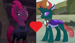 Size: 1019x597 | Tagged: safe, derpibooru import, edit, edited screencap, screencap, pharynx, tempest shadow, changedling, changeling, my little pony: the movie, to change a changeling, armor, broken horn, crack shipping, eye scar, prince pharynx, scar, shipping, shipping domino, tempynx