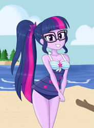 Size: 1813x2461 | Tagged: safe, artist:iyoungsavage, derpibooru import, sci-twi, twilight sparkle, better together, equestria girls, forgotten friendship, attached skirt, beach, clothes, female, glasses, looking at you, ocean, one-piece swimsuit, ponytail, sand, skirt, smiling, solo, swimsuit