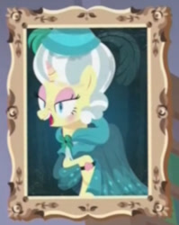 Size: 389x489 | Tagged: safe, derpibooru import, edit, edited screencap, screencap, clover the clever, unicorn, a matter of principals, animate object, clothes, clover the clever's cloak, cropped, dress, female, frame, framed picture, mare, mare antoinette, marie antoinette, painting, powdered wig, updo