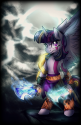 Size: 1294x2000 | Tagged: safe, artist:not-ordinary-pony, twilight sparkle, twilight sparkle (alicorn), alicorn, pony, badass, bipedal, crossover, female, god of war, kratos, looking at you, mare, serious, serious face, solo, sword, weapon