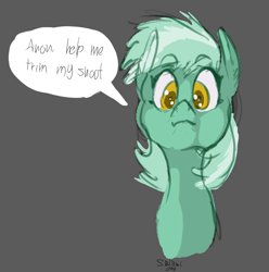Size: 2076x2092 | Tagged: safe, artist:helloiamyourfriend, derpibooru import, lyra heartstrings, pony, unicorn, bust, dialogue, gray background, implied anon, missing horn, portrait, simple background, sketch, solo, speech, text bubbles, whiskers