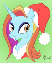 Size: 2260x2746 | Tagged: safe, artist:arrjaysketch, sassy saddles, pony, unicorn, bust, hat, santa hat, simple background, solo