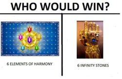 Size: 792x515 | Tagged: safe, derpibooru import, debate in the comments, elements of harmony, infinity gauntlet, infinity gems, infinity stones, infinity war, meme, no pony, the avengers, who would win