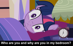 Size: 1920x1220 | Tagged: safe, artist:agrol, derpibooru import, edit, twilight sparkle, twilight sparkle (alicorn), alicorn, alarm clock, bed, bedroom, caption, clock, cs captions, female, lamp, looking at you, mare, meme, princesses don't sleep, startled, wide eyes, youtube link