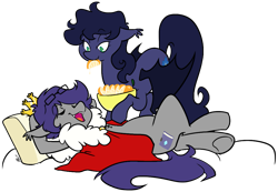 Size: 1057x730 | Tagged: safe, artist:egophiliac, oc, oc only, oc:dusk rhine, oc:halfmoon, bat pony, pony, bed, bowl, cape, clothes, crown, cute, duo, fangs, feeding, female, food, glasses, happy, jewelry, male, orange, pillow, regalia, simple background, transparent background