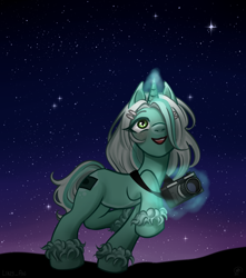 Size: 2206x2500 | Tagged: safe, artist:liny-an, derpibooru import, oc, oc:scarlette photo, pony, unicorn, camera, cute, digital art, excited, glowing horn, happy, looking up, magic, night, request, sky, smiling, solo, stars