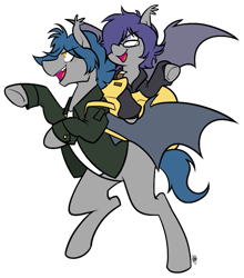 Size: 705x801 | Tagged: safe, artist:egophiliac, oc, oc only, oc:dusk rhine, oc:racket rhine, bat pony, pony, 2019 community collab, adventure, backpack, batpack, brothers, clothes, cute, derpibooru community collaboration, duo, glasses, hoodie, jacket, male, simple background, transparent background