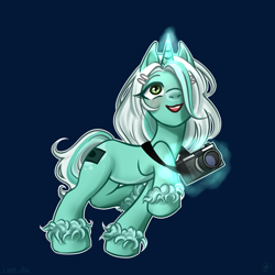 Size: 2500x2500 | Tagged: safe, artist:liny-an, derpibooru import, oc, oc:scarlette photo, pony, unicorn, camera, cute, digital art, excited, glowing horn, happy, looking up, magic, request, smiling, solo