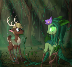 Size: 1400x1304 | Tagged: safe, artist:sirzi, oc, oc only, deer, original species, plant pony, blushing, deer oc, deeryad, dryad, flower, flower in hair, forest, vine, vitrung