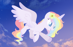 Size: 684x437 | Tagged: safe, artist:owlity, derpibooru import, oc, oc:flower power, alicorn, pony, cloud, female, flower, flower in hair, flying, mare, open mouth, pastel, solo, sunset