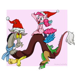 Size: 800x800 | Tagged: safe, artist:swanlullaby, derpibooru import, discord, gummy, pinkie pie, earth pony, pony, clothes, cute, discute, fun, hat, santa hat, scarf, tongue out, trio