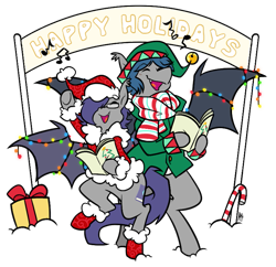 Size: 747x723 | Tagged: safe, artist:egophiliac, oc, oc only, oc:dusk rhine, oc:racket rhine, bat pony, pony, adorkable, brothers, candy, candy cane, caroling, christmas, clothes, cute, dork, elf hat, food, glasses, hat, holiday, merry christmas, outfit, present, santa hat, scarf, simple background, singing, transparent background