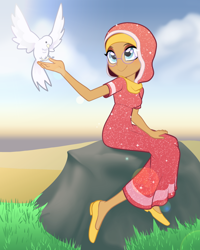 Size: 1996x2496 | Tagged: safe, alternate version, artist:rileyav, derpibooru import, desert flower, bird, equestria girls, female, glasses, grass, manara mubarak, rock, sitting, smiling, solo, somnambula resident