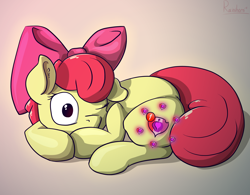 Size: 6251x4881 | Tagged: safe, artist:rainihorn, derpibooru import, apple bloom, earth pony, pony, absurd resolution, adorabloom, booty call, bow, cute, cutie mark, female, filly, glowing cutie mark, hair bow, notification, one eye closed, solo, the cmc's cutie marks, waking up