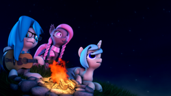 Size: 1920x1080 | Tagged: safe, artist:shadygames, derpibooru import, oc, oc:shadygames, oc:wintergleam, oc:xenia amata, bat pony, pony, unicorn, 3d, bat pony oc, campfire, clothes, female, grass, guitar, mare, night, rock, scarf, source filmmaker, stars