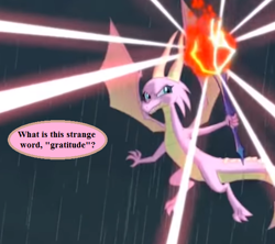 Size: 576x512 | Tagged: safe, derpibooru import, edit, edited screencap, screencap, scales (character), dragon, the hearth's warming club, bloodstone scepter, cropped, dragoness, female, ingrate, rain, solo, speech bubble, text, treason, ungrateful