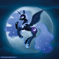 Size: 800x800 | Tagged: safe, artist:piripaints, derpibooru import, nightmare moon, alicorn, pony, armor, ethereal mane, female, flying, full moon, giggling, mare, moon, night, solo, starry mane