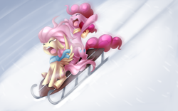 Size: 4800x3000 | Tagged: safe, artist:scarlet-spectrum, derpibooru import, fluttershy, pinkie pie, earth pony, pegasus, pony, absurd resolution, cheering, clothes, crying, duo, eyes closed, fun, open mouth, raised hoof, scarf, screaming, sled, sledding, snow, varying degrees of amusement, wheeeee