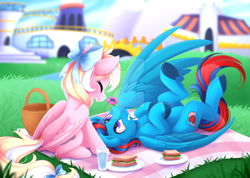 Size: 1024x731 | Tagged: safe, artist:scarlet-spectrum, derpibooru import, oc, oc only, oc:andrew swiftwing, oc:bay breeze, pegasus, pony, bow, canterlot, couple, cute, eyes closed, female, food, hair bow, happy, male, mouth hold, picnic, straight, swiftbreeze, tail bow, watermark